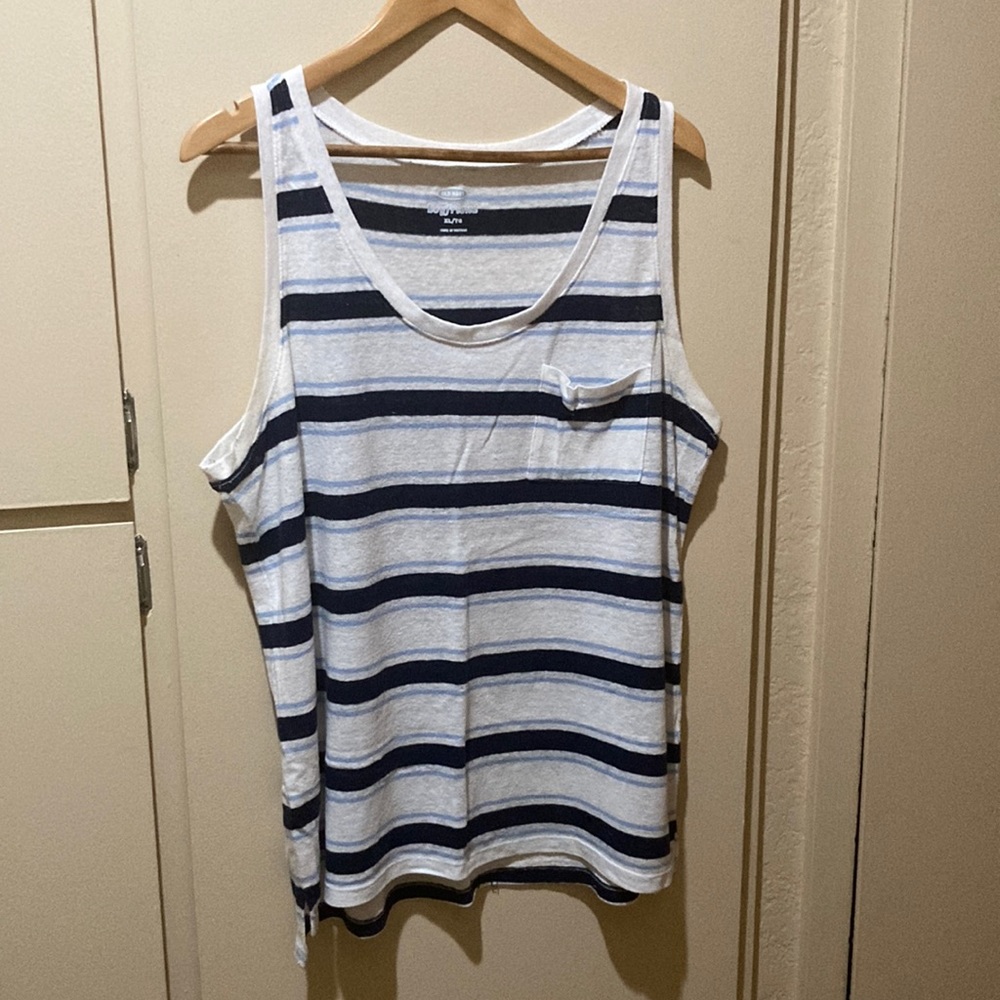 Casual tank. Navy blue, light blue, and white stripes.